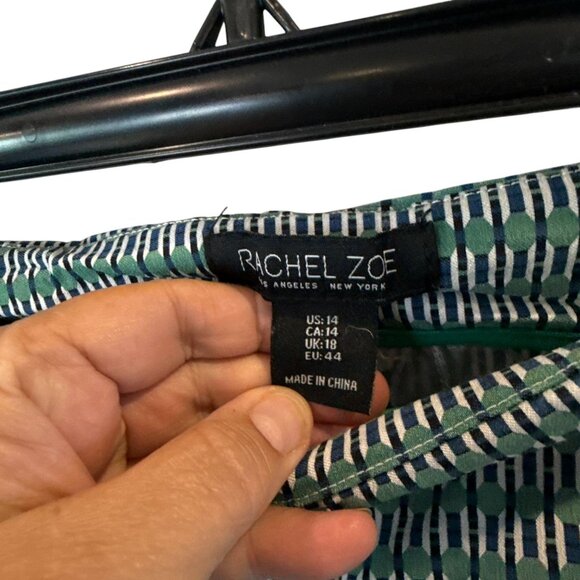 Rachel Zoe Slim Fit Pants Green Geometric Print Size 14 Mid Rise Trousers - Picture 4 of 5